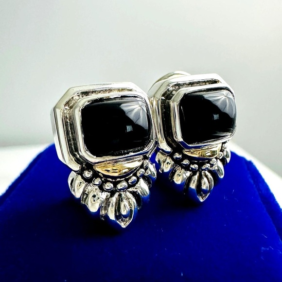 Jewelry - Vintage 925 & 14K Gold Black Onyx Omega Back Earrings – Elegant